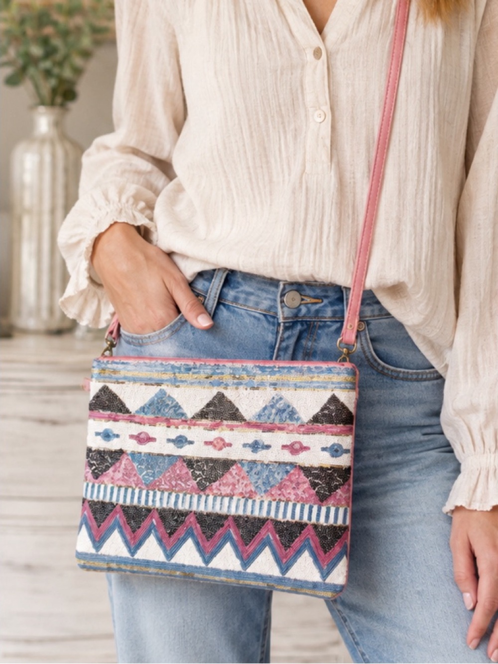Aztec print Sequin pink and purple crossbody purse